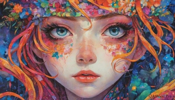 1girl,solo,long hair,looking at viewer,blue eyes,flower,red hair,parted lips,orange hair,lips,eyelashes,makeup,floating hair,portrait,close-up,red lips,head wreath,colorful,orange flower,eye focus,bangs,leaf,traditional media,plant,painting (medium),watercolor (medium)