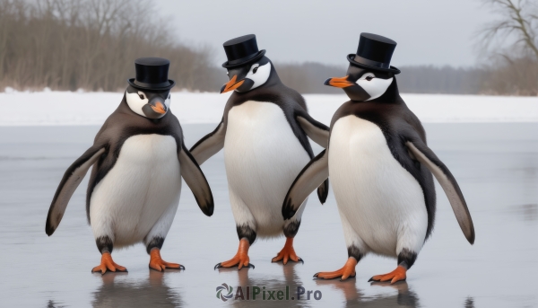 hat,standing,outdoors,day,blurry,black eyes,tree,no humans,black headwear,bird,animal,snow,reflection,top hat,animal focus,winter,penguin,duck,scenery,flock