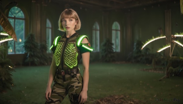 1girl,solo,looking at viewer,short hair,bangs,brown hair,shirt,brown eyes,jewelry,closed mouth,standing,short sleeves,cowboy shot,earrings,belt,pants,indoors,blunt bangs,armor,blurry,uniform,tree,lips,military,window,bob cut,plant,shoulder armor,realistic,nose,arms at sides,camouflage,camouflage pants,parted lips,grass