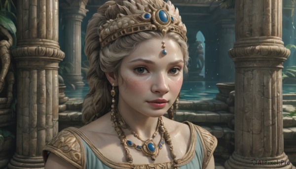 1girl,solo,long hair,looking at viewer,blonde hair,brown hair,dress,brown eyes,jewelry,closed mouth,collarbone,upper body,braid,earrings,water,necklace,lips,grey eyes,makeup,blue dress,tiara,crown,gem,portrait,freckles,realistic,pillar,column,blush,eyelashes,plant,red lips