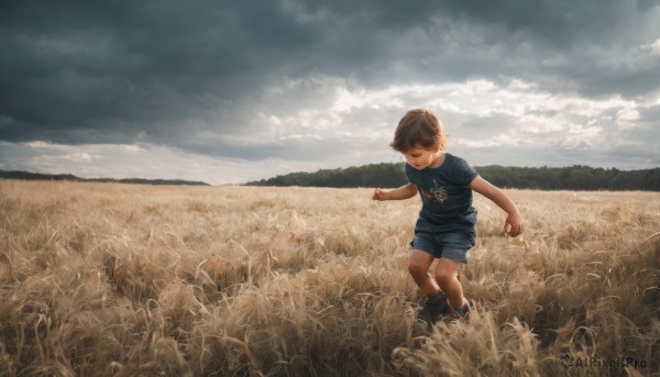 solo,short hair,brown hair,shirt,1boy,standing,closed eyes,short sleeves,male focus,boots,outdoors,sky,shorts,day,cloud,cloudy sky,grass,blue shirt,t-shirt,child,scenery,walking,blue shorts,running,male child,field,soccer uniform,realistic