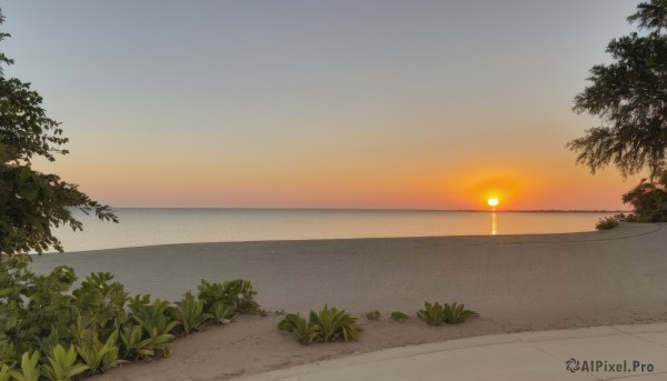 outdoors,sky,cloud,tree,no humans,grass,plant,ground vehicle,scenery,motor vehicle,sunset,sun,horizon,road,bush,lamppost,evening,gradient sky,orange sky,water,ocean,beach,nature,shore,path