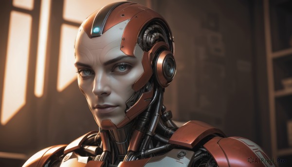 1girl,solo,looking at viewer,blue eyes,upper body,parted lips,indoors,blurry,lips,blurry background,colored skin,helmet,portrait,science fiction,realistic,nose,android,cyborg,power armor,cyberpunk,short hair,closed mouth,eyelashes,bodysuit,expressionless,close-up,backlighting,bald,very short hair,robot joints