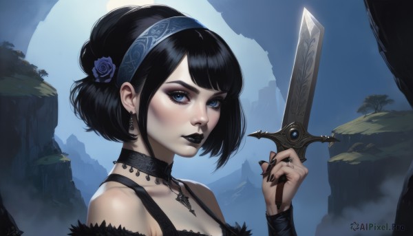 1girl,solo,breasts,looking at viewer,short hair,bangs,blue eyes,black hair,hair ornament,holding,cleavage,bare shoulders,jewelry,medium breasts,upper body,weapon,flower,hairband,earrings,choker,sword,hair flower,necklace,nail polish,holding weapon,lips,fingernails,eyelashes,makeup,rose,black choker,bob cut,knife,lipstick,pale skin,portrait,black nails,eyeshadow,blue flower,dagger,blue rose,mascara,gothic,black lips,from side,swept bangs,holding sword,ring,lace trim,lace,realistic,nose,eyeliner