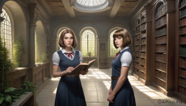 looking at viewer,short hair,blue eyes,multiple girls,brown hair,shirt,dress,ribbon,holding,2girls,brown eyes,school uniform,short sleeves,belt,indoors,vest,lips,book,window,blue dress,sunlight,bob cut,plant,holding book,stairs,realistic,bookshelf,reading,potted plant,library,arch,skirt,standing,siblings,own hands together,sisters,twins,open book