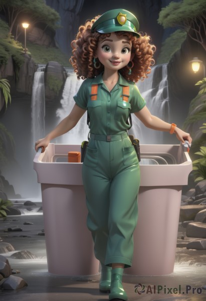 1girl,solo,long hair,breasts,looking at viewer,smile,brown hair,shirt,hat,holding,brown eyes,jewelry,standing,collarbone,full body,short sleeves,earrings,small breasts,boots,outdoors,collared shirt,belt,pants,artist name,signature,dark skin,water,bag,uniform,bracelet,dark-skinned female,tree,lips,makeup,night,buttons,watermark,plant,lipstick,wristband,web address,walking,curly hair,pocket,watch,pouch,rock,green headwear,green shirt,red lips,wristwatch,lamp,breast pocket,big hair,badge,belt pouch,police,green footwear,green pants,waterfall,faux figurine,flashlight,parted lips,teeth,medium hair,freckles,overalls,rubber boots