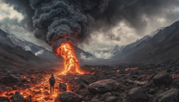 1boy, standing, outdoors, sky, cloud, cloudy sky, fire, scenery, rock, mountain, molten rock