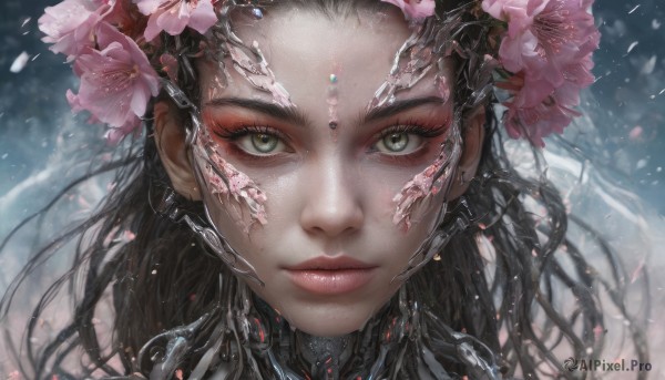 1girl, solo, long hair, looking at viewer, black hair, hair ornament, closed mouth, green eyes, flower, hair flower, lips, eyelashes, makeup, expressionless, portrait, close-up, pink flower, eyeshadow, science fiction, realistic, nose