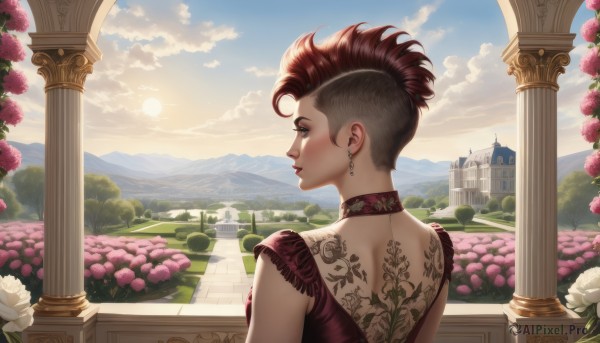 1girl,solo,short hair,brown hair,dress,bare shoulders,brown eyes,jewelry,closed mouth,upper body,flower,red hair,multicolored hair,earrings,outdoors,sky,sleeveless,day,looking back,cloud,from behind,tree,lips,eyelashes,tattoo,profile,makeup,sleeveless dress,rose,back,looking away,red dress,sunlight,cloudy sky,white flower,scenery,pink flower,sunset,mountain,nose,sun,bush,pink rose,pillar,castle,back tattoo,column,fountain,blue eyes,piercing,realistic,undercut,mohawk,peony (flower)