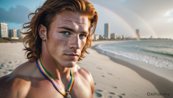 solo,looking at viewer,blue eyes,brown hair,1boy,jewelry,upper body,male focus,earrings,outdoors,sky,day,water,necklace,blurry,lips,blurry background,beach,building,lens flare,freckles,topless male,city,realistic,sand,cityscape,rainbow,cloud,blue sky,muscular,shadow,facial hair,ocean,piercing,sunlight,portrait,stubble,stud earrings,chest hair