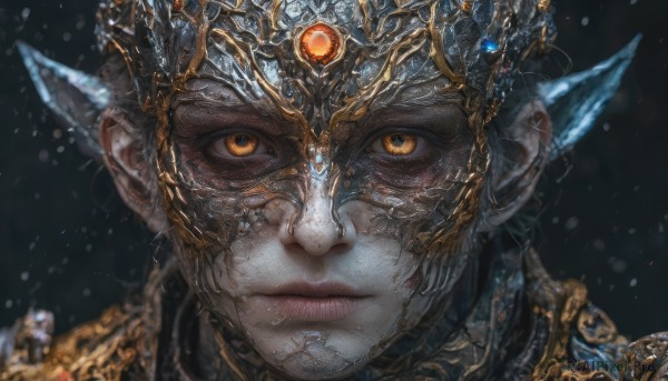 1girl,solo,looking at viewer,1boy,closed mouth,yellow eyes,pointy ears,armor,blurry,lips,orange eyes,helmet,crown,black background,elf,gem,portrait,close-up,snowing,realistic,straight-on,short hair,scales