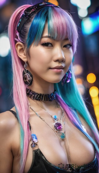 1girl,solo,long hair,breasts,looking at viewer,bangs,large breasts,cleavage,bare shoulders,jewelry,medium breasts,closed mouth,blue hair,collarbone,swimsuit,upper body,ponytail,pink hair,bikini,multicolored hair,hairband,earrings,choker,shiny,necklace,blurry,black eyes,two-tone hair,lips,eyelashes,aqua hair,makeup,depth of field,blurry background,gem,pendant,realistic,nose,bokeh,black hair,underwear,bra,black bikini,black bra,bikini top only