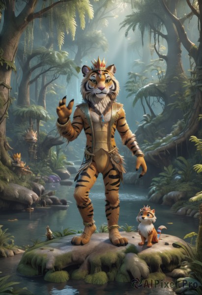 shirt,1boy,animal ears,jewelry,standing,jacket,tail,full body,male focus,outdoors,barefoot,teeth,day,artist name,hand up,signature,hood,water,necklace,vest,tree,watermark,sunlight,grass,crown,plant,sharp teeth,animal print,gem,nature,claws,furry,forest,light rays,rock,anklet,furry male,sunbeam,mushroom,river,tiger,pond,orange vest,looking at viewer,solo focus,bracelet,bird,animal,fangs,scenery,fantasy,creature,tiger print,blue gemstone,moss,log,orange fur,tiger stripes