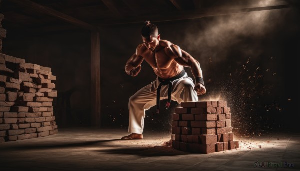 solo,1boy,standing,full body,male focus,shoes,pants,indoors,blood,muscular,glowing,facial hair,abs,clenched hands,topless male,white pants,wall,clothes around waist,brick wall,dust,black hair,barefoot,teeth,belt,muscular male,clenched teeth,glowing eyes,black belt,fighting stance,bald,dougi