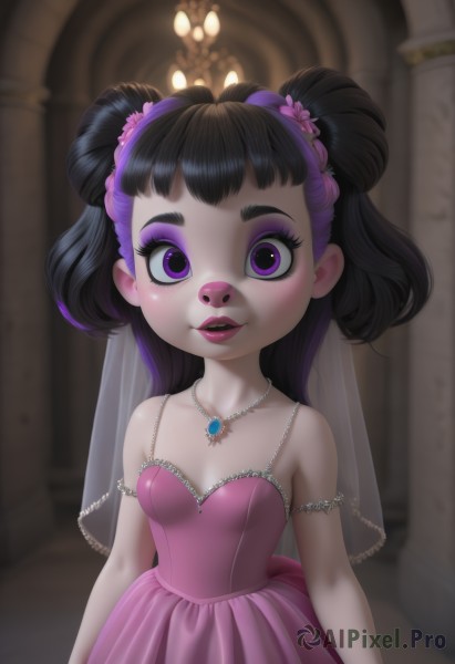 1girl,solo,long hair,breasts,looking at viewer,bangs,black hair,hair ornament,dress,bare shoulders,jewelry,purple eyes,collarbone,upper body,purple hair,flower,multicolored hair,small breasts,parted lips,sleeveless,indoors,hair flower,necklace,hair bun,blurry,two-tone hair,lips,eyelashes,strapless,double bun,makeup,blurry background,tiara,lipstick,gem,child,pink dress,veil,armlet,pendant,eyeshadow,wedding dress,female child,bridal veil,blush,cleavage,teeth,strapless dress,humanization