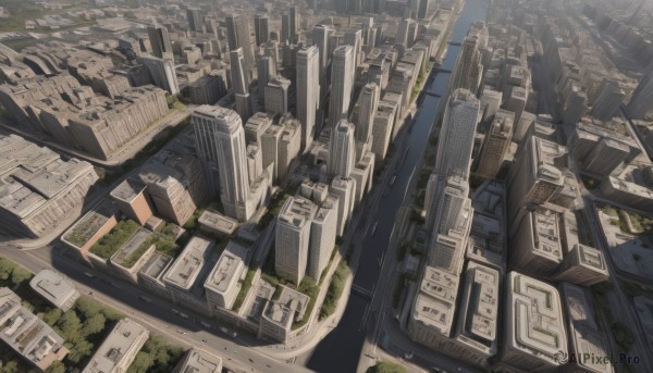 outdoors,tree,dutch angle,no humans,from above,building,scenery,city,road,cityscape,sky,day,bridge,river,skyscraper,landscape