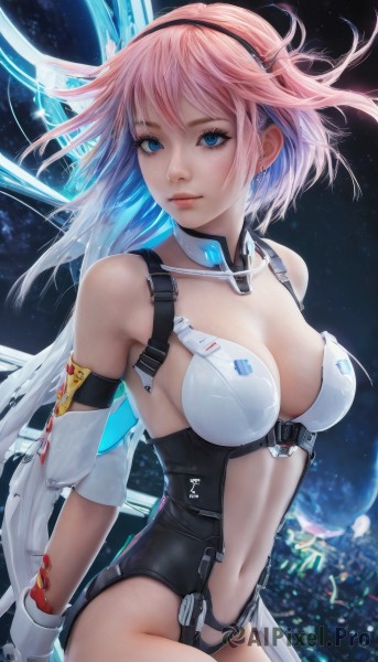 1girl,solo,breasts,looking at viewer,short hair,bangs,blue eyes,large breasts,gloves,navel,cleavage,bare shoulders,jewelry,medium breasts,blue hair,pink hair,multicolored hair,cowboy shot,hairband,earrings,detached sleeves,two-tone hair,leotard,lips,detached collar,science fiction,realistic,cityscape,space,closed mouth,sky,bodysuit,gradient hair,arms behind back,revealing clothes