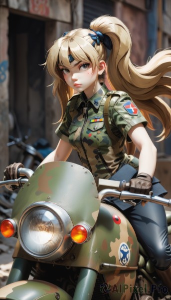 1girl,solo,long hair,breasts,looking at viewer,bangs,blue eyes,blonde hair,shirt,hair ornament,gloves,bow,ribbon,twintails,closed mouth,hair ribbon,short sleeves,hair bow,boots,outdoors,day,black gloves,collared shirt,pants,blurry,uniform,lips,grey eyes,military,military uniform,depth of field,blurry background,headband,black pants,denim,ground vehicle,building,motor vehicle,brown gloves,pocket,jeans,riding,leather,camouflage,badge,motorcycle,patch,leather gloves,camouflage pants,on motorcycle,brown eyes,medium breasts,necktie,floating hair,blue bow,brown footwear,helmet,high ponytail,pouch,green shirt,emblem,road,police,street,police uniform,camouflage jacket,walkie-talkie