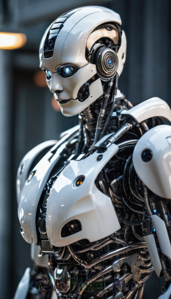 solo,looking at viewer,blue eyes,upper body,blurry,no humans,blurry background,robot,mecha,1other,science fiction,realistic,android,joints,cable,cyborg,robot joints,cyberpunk,mechanical parts,humanoid robot,1girl,from side,lips,depth of field,glowing,glowing eyes,machinery