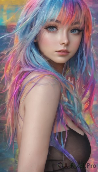 1girl,solo,long hair,breasts,looking at viewer,bangs,blue eyes,cleavage,bare shoulders,medium breasts,blue hair,upper body,pink hair,purple hair,multicolored hair,parted lips,sleeveless,from side,two-tone hair,lips,looking to the side,eyelashes,gradient hair,makeup,tank top,realistic,nose,dress,small breasts,artist name,black dress,sleeveless dress,watermark,thick eyebrows,pink lips,multicolored background,colorful,mascara,rainbow hair