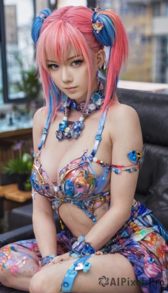 1girl,solo,long hair,breasts,looking at viewer,smile,bangs,blue eyes,skirt,large breasts,hair ornament,navel,cleavage,bare shoulders,twintails,jewelry,medium breasts,sitting,blue hair,swimsuit,pink hair,bikini,multicolored hair,earrings,parted lips,indoors,necklace,blurry,bracelet,two-tone hair,lips,thigh strap,blurry background,couch,armlet,realistic,bikini armor,bow,closed mouth,underwear,heart,sidelocks,choker,belt,artist name,bra,blue skirt,tattoo,depth of field,wariza,piercing,scrunchie,ear piercing,bikini top only,between legs,beads,hand between legs,navel piercing,badge