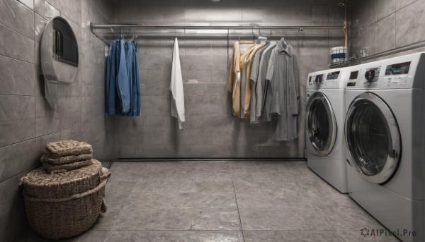 indoors,no humans,shadow,scenery,rain,door,basket,tiles,tile floor,tile wall,trash can,still life,sink,air conditioner,laundry,clothes,washing machine,towel,shower (place)