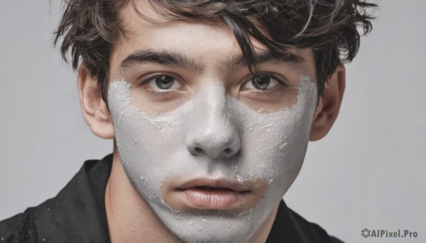 solo,looking at viewer,short hair,simple background,brown hair,shirt,black hair,1boy,brown eyes,closed mouth,male focus,grey background,black eyes,lips,grey eyes,black shirt,mask,facial hair,portrait,realistic,nose,straight-on,white background,beard,close-up