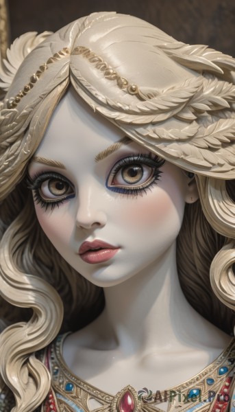 1girl,solo,long hair,looking at viewer,blush,blonde hair,hair ornament,brown eyes,jewelry,closed mouth,collarbone,yellow eyes,earrings,necklace,lips,eyelashes,makeup,wavy hair,feathers,lipstick,gem,pale skin,portrait,close-up,eyeshadow,curly hair,red lips,eyeliner,mascara,brown hair,realistic,feather hair ornament