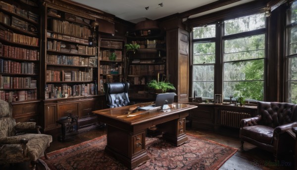 day,indoors,tree,cup,book,no humans,window,chair,table,sunlight,bottle,plant,scenery,couch,plate,teacup,wooden floor,bookshelf,potted plant,lamp,teapot,cushion,saucer,shelf,book stack,armchair,carpet,cabinet,rug,fireplace