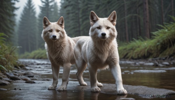 looking at viewer,brown eyes,standing,full body,outdoors,day,blurry,tree,no humans,depth of field,blurry background,animal,grass,plant,nature,forest,dog,rock,realistic,animal focus,wolf,signature,water,reflection