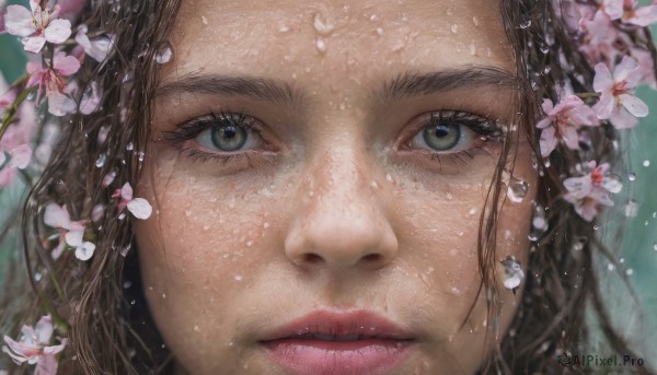 1girl, solo, long hair, looking at viewer, brown hair, green eyes, flower, parted lips, water, blurry, lips, eyelashes, cherry blossoms, portrait, close-up, water drop, realistic, nose, branch