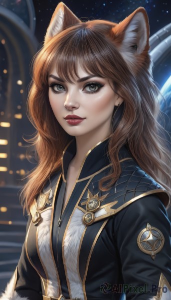 1girl,solo,long hair,breasts,looking at viewer,bangs,blue eyes,brown hair,animal ears,jewelry,closed mouth,jacket,tail,upper body,earrings,sky,artist name,cat ears,blurry,lips,animal ear fluff,grey eyes,fur trim,fox ears,eyelashes,makeup,night,blurry background,lipstick,star (sky),freckles,red lips,space,medium breasts,wolf ears,thick eyebrows,realistic,nose,badge,planet