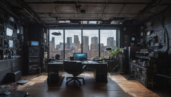 sky,day,cloud,indoors,cup,book,no humans,window,chair,table,plant,building,box,scenery,desk,wooden floor,city,clock,bookshelf,potted plant,lamp,cityscape,cable,computer,monitor,laptop,skyscraper,keyboard (computer),office chair,speaker,mouse (computer),ceiling light,office,tree,science fiction,blinds,skyline,desk lamp