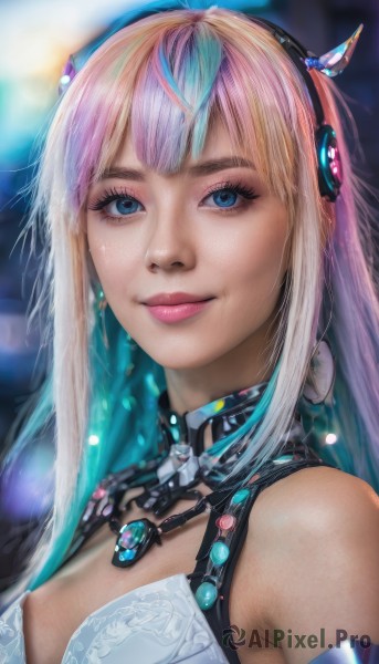 1girl,solo,long hair,breasts,looking at viewer,smile,bangs,blue eyes,blonde hair,bare shoulders,jewelry,medium breasts,closed mouth,underwear,nipples,blue hair,upper body,pink hair,multicolored hair,small breasts,horns,necklace,bra,blurry,two-tone hair,lips,eyelashes,aqua hair,makeup,headphones,realistic,nose,one breast out,earrings,lipstick,portrait