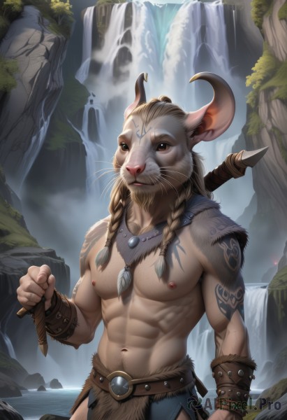 solo,long hair,looking at viewer,blonde hair,1boy,navel,holding,animal ears,brown eyes,jewelry,nipples,standing,weapon,braid,male focus,cowboy shot,outdoors,horns,belt,sword,artist name,water,necklace,stomach,holding weapon,twin braids,bracelet,tattoo,muscular,facial hair,facial mark,abs,pectorals,muscular male,clenched hand,bara,pelvic curtain,beard,furry,large pectorals,topless male,realistic,furry male,arm tattoo,chest hair,loincloth,chest tattoo,waterfall,bodypaint,brown hair,knife