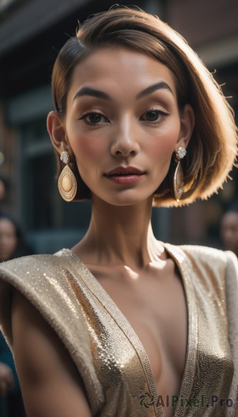 1girl,solo,breasts,looking at viewer,smile,short hair,brown hair,hat,dress,cleavage,brown eyes,jewelry,closed mouth,collarbone,upper body,earrings,small breasts,solo focus,blurry,lips,no bra,makeup,depth of field,blurry background,forehead,realistic,nose,center opening,straw hat,red lips,plunging neckline,medium breasts,parted lips,artist name,black eyes,breasts apart,dirty