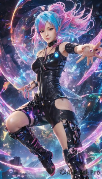 1girl,solo,long hair,breasts,looking at viewer,smile,bangs,blue eyes,bare shoulders,jewelry,medium breasts,blue hair,ponytail,pink hair,multicolored hair,earrings,boots,choker,belt,necklace,nail polish,black footwear,bracelet,two-tone hair,lips,bodysuit,thigh strap,ring,knee boots,skin tight,science fiction,black bodysuit,hip vent,parted lips,artist name,collar,watermark,armband,zipper