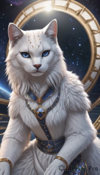 1girl,solo,looking at viewer,blue eyes,dress,jewelry,sitting,closed mouth,sky,belt,artist name,signature,necklace,white dress,bracelet,no humans,animal,cat,gem,star (sky),furry,pendant,starry sky,furry female,clock,space,body fur,animal focus,white fur,planet,roman numeral,fluffy,sash,slit pupils,colored sclera,gold trim,whiskers,earth (planet),blue gemstone,gold chain,galaxy