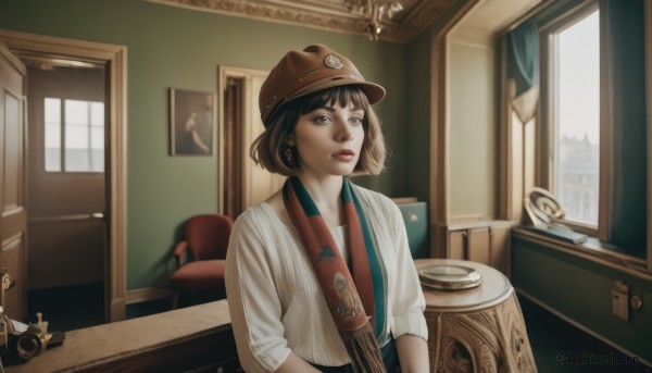 1girl,solo,short hair,bangs,brown hair,shirt,black hair,hat,brown eyes,jewelry,closed mouth,white shirt,upper body,earrings,day,striped,indoors,lips,window,chair,looking away,curtains,striped shirt,realistic,door,brown headwear,clock,looking at viewer,long sleeves,sitting,table,bob cut,nose,camera,red lips,sink