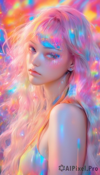 1girl,solo,long hair,breasts,looking at viewer,bangs,blue eyes,bare shoulders,jewelry,closed mouth,upper body,pink hair,multicolored hair,earrings,blurry,from side,lips,eyelashes,sideboob,makeup,wavy hair,eyeshadow,nose,colorful,blue hair,sleeveless,artist name,looking to the side,gradient hair,watermark,freckles,realistic,mascara