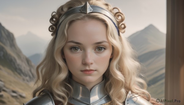 1girl,solo,long hair,looking at viewer,blonde hair,brown eyes,closed mouth,hairband,outdoors,day,armor,blurry,lips,depth of field,blurry background,wavy hair,shoulder armor,portrait,forehead,freckles,curly hair,mountain,realistic,close-up,pauldrons,nose