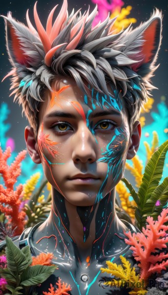 solo,looking at viewer,short hair,black hair,1boy,animal ears,brown eyes,closed mouth,yellow eyes,grey hair,male focus,multicolored hair,artist name,cat ears,blurry,lips,blurry background,leaf,facial mark,plant,portrait,cyborg,full-body tattoo,bangs,flower,web address,extra ears,close-up,realistic,facepaint,bodypaint,paint splatter,coral