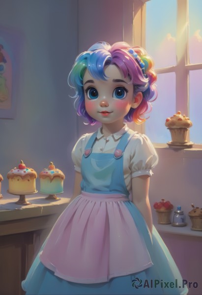 1girl,solo,looking at viewer,blush,smile,short hair,bangs,blue eyes,skirt,shirt,hair ornament,dress,blue hair,standing,white shirt,pink hair,purple hair,short sleeves,multicolored hair,cowboy shot,parted lips,food,day,puffy sleeves,collared shirt,artist name,indoors,apron,two-tone hair,puffy short sleeves,lips,blue skirt,window,fruit,blue dress,arms behind back,sunlight,child,personification,backlighting,freckles,curly hair,female child,cherry,jar,humanization,cupcake,blue apron,rainbow hair,makeup,watermark,aged down,web address,cake