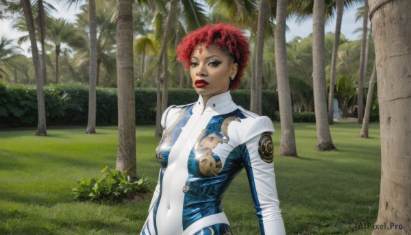 1girl,solo,breasts,looking at viewer,short hair,brown eyes,jewelry,upper body,red hair,earrings,outdoors,day,dark skin,uniform,black eyes,dark-skinned female,tree,lips,bodysuit,covered navel,makeup,lipstick,nature,skin tight,realistic,palm tree,red lips,white bodysuit,afro,medium breasts,nipples,piercing,grass,facepaint