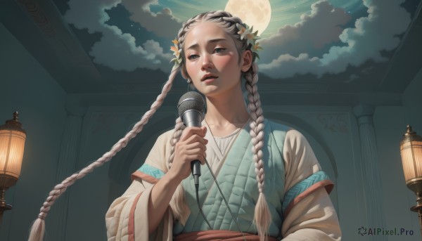 1girl,solo,long hair,hair ornament,long sleeves,holding,jewelry,very long hair,upper body,braid,flower,grey hair,outdoors,parted lips,sky,cloud,hair flower,necklace,twin braids,lips,night,looking away,chinese clothes,moon,from below,cloudy sky,night sky,microphone,full moon,lantern,realistic,music,holding microphone,singing,hanfu,multiple braids,blush,blue eyes,sash,nose