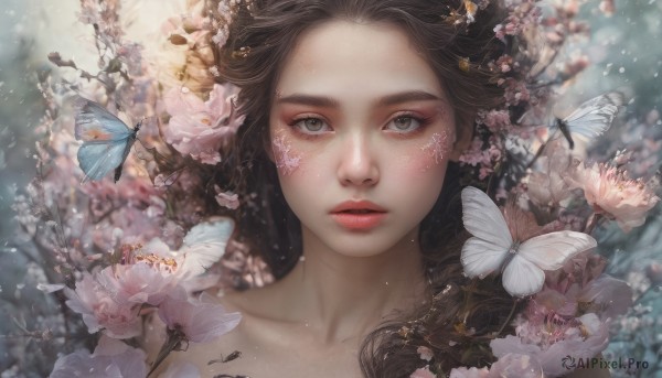 1girl, solo, long hair, looking at viewer, brown hair, brown eyes, flower, parted lips, blurry, lips, eyelashes, bug, butterfly, portrait, pink flower, freckles, realistic, nose