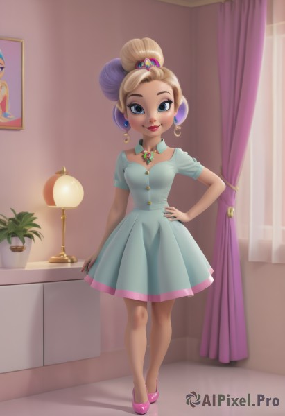 1girl,solo,breasts,looking at viewer,smile,short hair,blue eyes,blonde hair,hair ornament,dress,jewelry,standing,full body,short sleeves,multicolored hair,earrings,shoes,alternate costume,indoors,necklace,hair bun,nail polish,high heels,lips,hand on hip,window,makeup,detached collar,blue dress,single hair bun,plant,lipstick,curtains,brooch,gem,child,pink footwear,potted plant,lamp,purple hair,small breasts,mole,two-tone hair,short dress,aged down,multicolored clothes,eyeshadow,multicolored dress,aqua dress