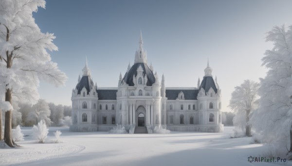 outdoors,sky,day,cloud,tree,blue sky,no humans,window,building,scenery,snow,winter,bare tree,castle,tower,church,bird,cloudy sky,fantasy,architecture,fog