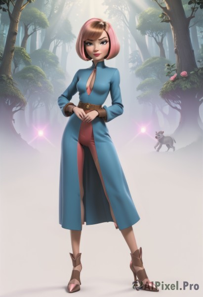 1girl,solo,breasts,looking at viewer,smile,short hair,bangs,blue eyes,brown hair,long sleeves,dress,cleavage,medium breasts,closed mouth,standing,full body,pink hair,flower,multicolored hair,outdoors,belt,pants,artist name,high heels,two-tone hair,tree,lips,clothing cutout,makeup,swept bangs,animal,cleavage cutout,sunlight,bob cut,own hands together,lipstick,nature,pink flower,forest,high heel boots,shirt,brown eyes,small breasts,necktie,shoes,day,black eyes,brown footwear,red necktie,light rays,brown belt