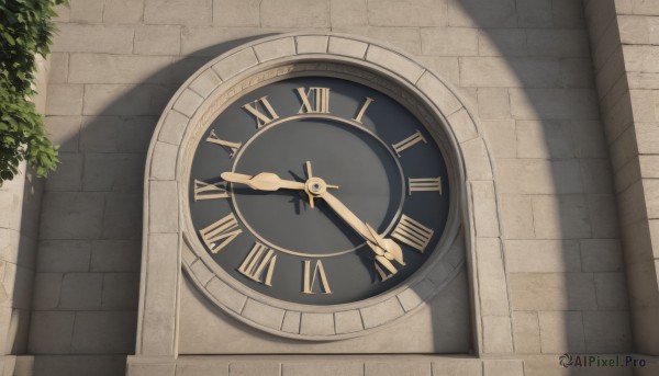 outdoors,day,no humans,shadow,from above,plant,scenery,clock,roman numeral,leaf,sunlight,bush,brick wall,gears,tower,analog clock